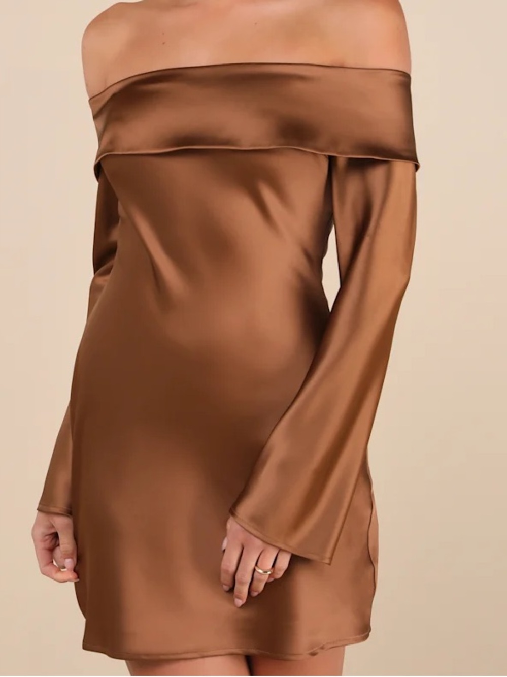 Brown Satin Off-the-Shoulder Mini Dress